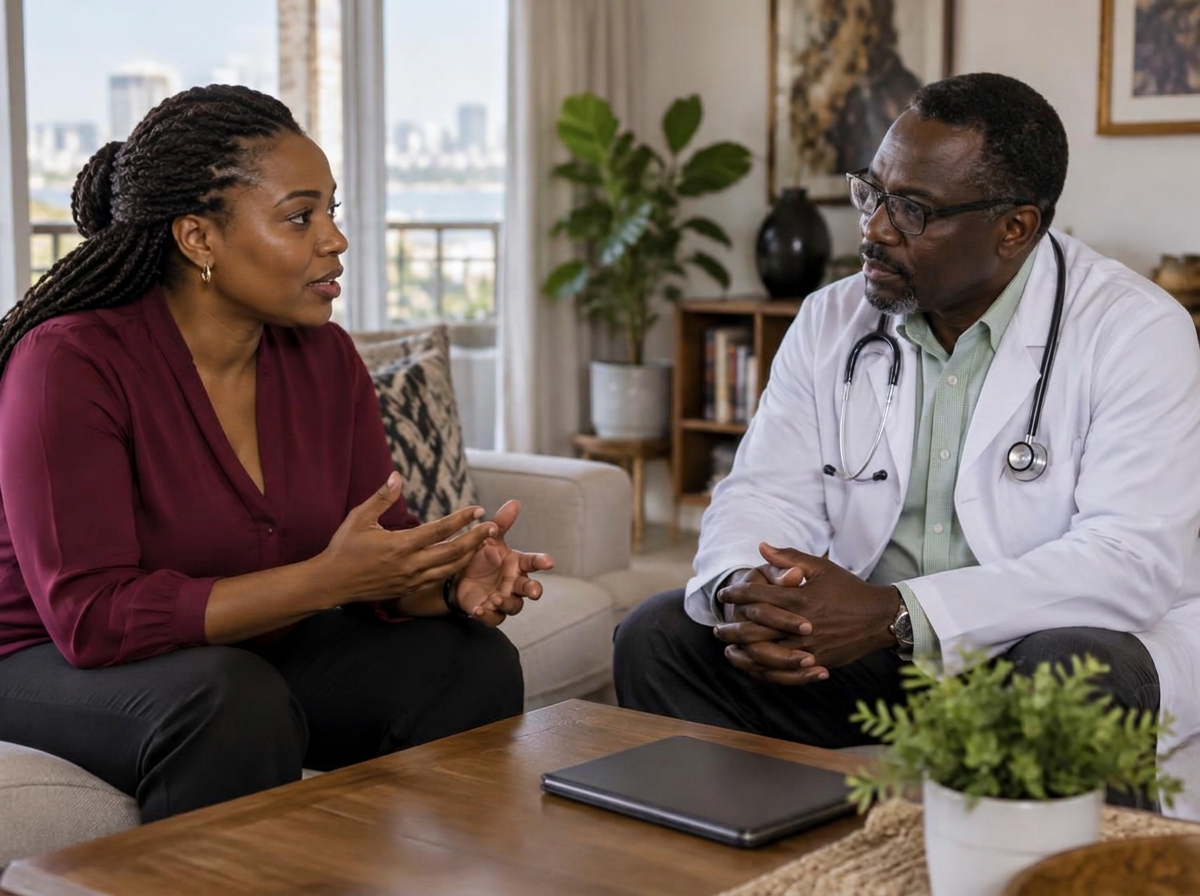 Médico a ouvir uma mulher durante uma consulta ao domicílio
