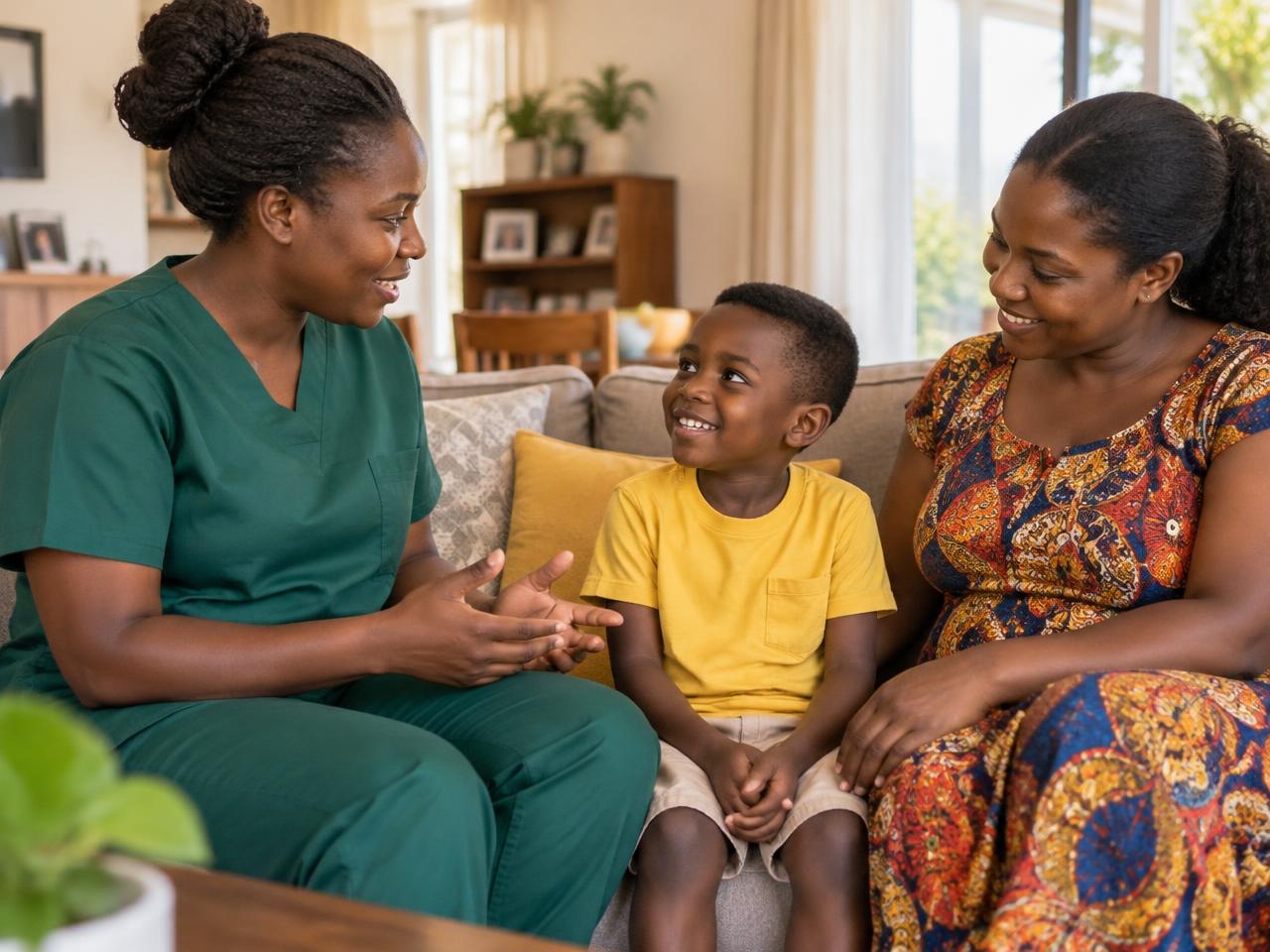 Enfermeira a conversar com uma criança acompanhada pela mãe